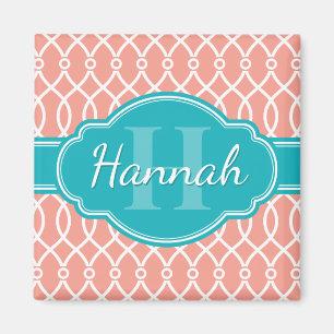 Aimant Motif Turquoise Monogramme rose blanc élégant