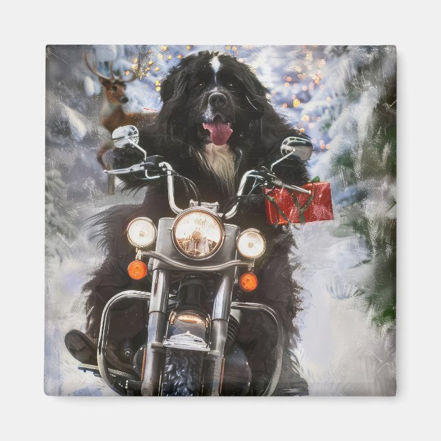 Aimant Moto à chiens de Terre-Neuve Noël (Devant)