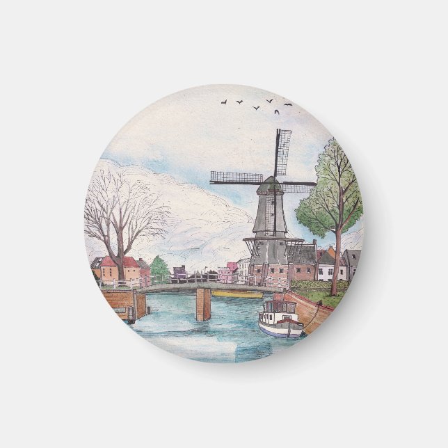 Aimant Moulin De Adriaan Haarlem Pays-Bas Aquarelle (Devant)