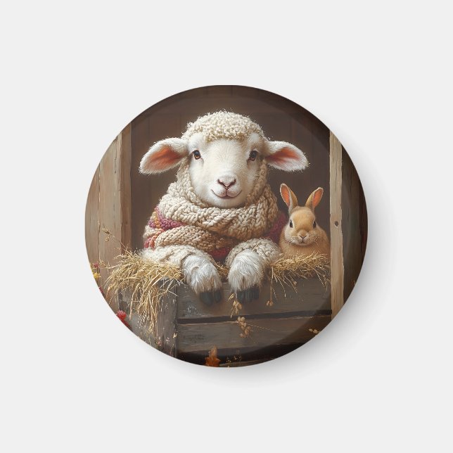 Aimant Moutons et lapin douillets en Grange avec Fleurs (Devant)