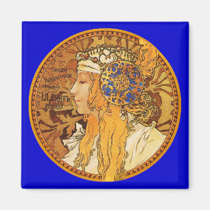 Aimant Mucha - femme avec des bijoux - art vintage