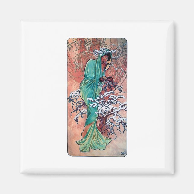 Aimant Mucha Winter femme moineau Art nouveau (Devant)