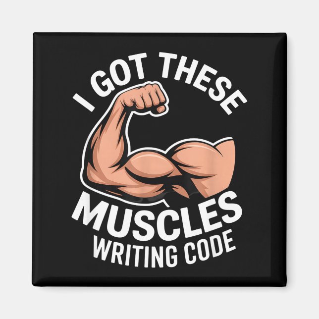 Aimant Muscles drôles écrivant du code disant programmeur (Devant)