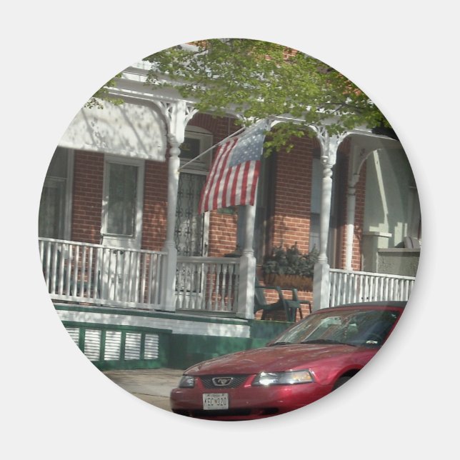 Aimant Mustang et drapeau américain à Hampden (Devant)