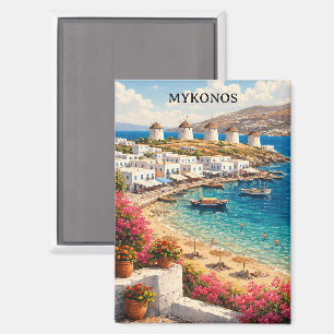 Aimant Mykonos Grèce Moulins Rétro Illustration de Voyage