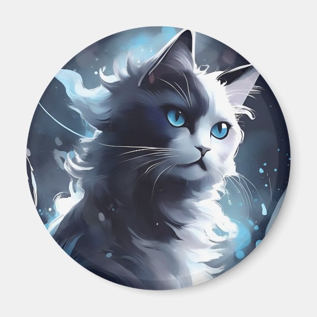 Aimant Mystique Kitten noir et blanc | Chat d'aquarelle (Devant)