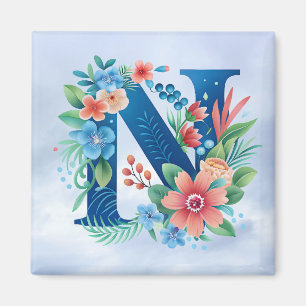 Aimant N monogramme bleu avec fleurs