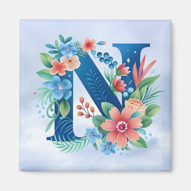 Aimant N monogramme bleu avec fleurs (Devant)