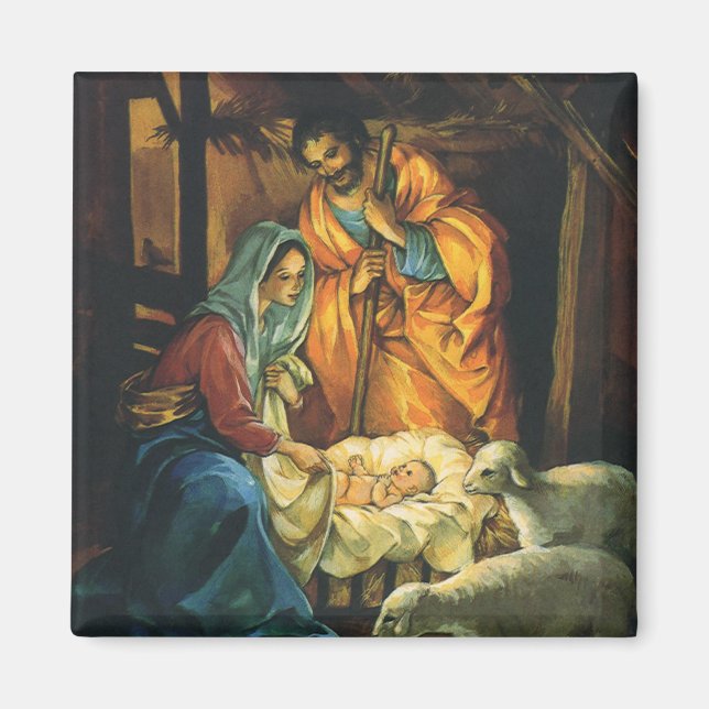 Aimant Nativité de Noël Vintage, Baby Jesus in Manger (Devant)