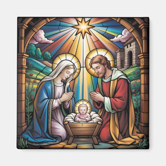 Aimant Nativity Stained Glass Art – Holy Family Christmas (Devant)