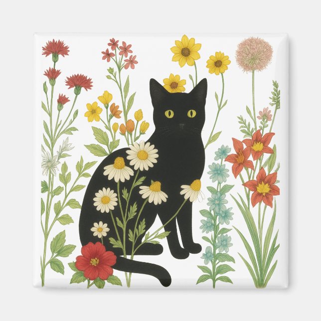 Aimant Nature botanique – Chat noir dans un jardin de fle (Devant)