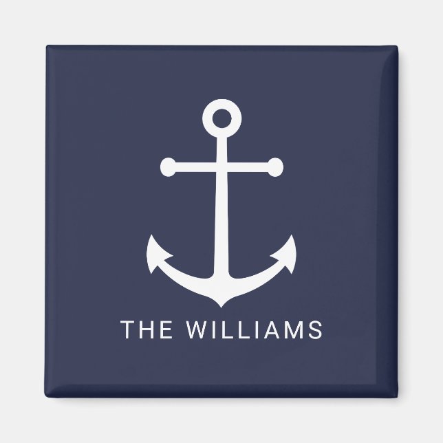 Aimant Nautical White Anchor and Custom Nom on Navy Blue (Devant)