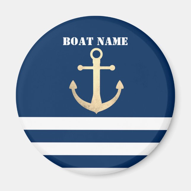 Aimant Nautique, Ancre Dorée Rayures Bleu Marine (Devant)