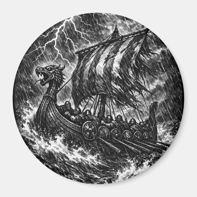 Aimant Navire long Viking dans la tempête — Ink Saga Art (Devant)