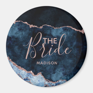 Aimant Navy Blue & Rose Gold Foil Agate Marble la Mariée