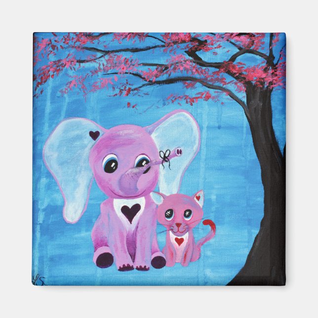 Aimant Ne m'oubliez pas Éléphant mignon Chat Art de fleur (Devant)