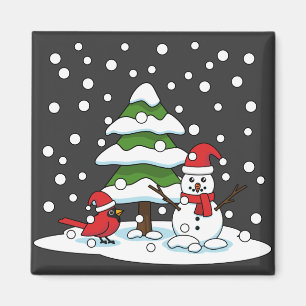 Aimant Neige tombant sur Cardinal, Snowman et Pine Tree