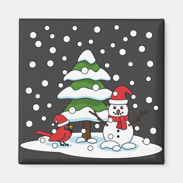Aimant Neige tombant sur Cardinal, Snowman et Pine Tree (Devant)