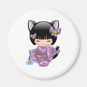 Aimant Neko Kokeshi Poupée - Cat Ears Geisha Girl