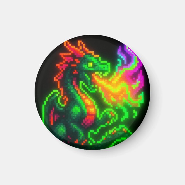 Aimant Neon Pixel Dragon - Retro Arcade Flame Design (Devant)