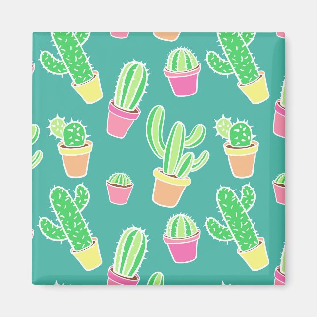 Aimant Neon Watercolor Cactus In Pot Pattern (Devant)