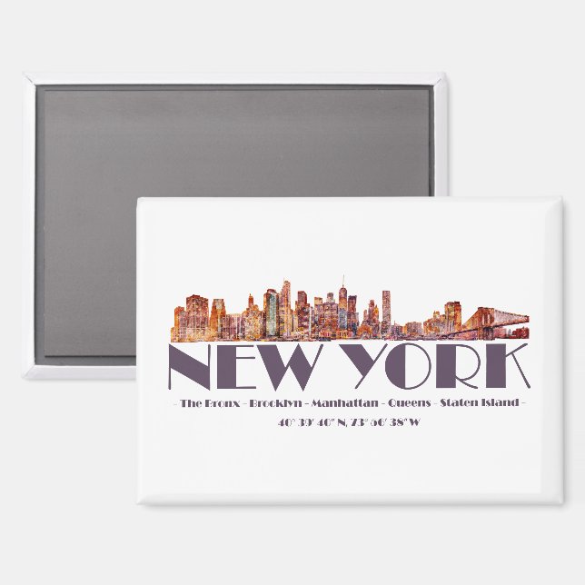 Aimant New York City Skyline. Boroughs et coordonnées (Recto/Verso)