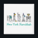 Aimant New York Hanoukka NYC Chanukah Fêtes juives<br><div class="desc">Il présente une illustration originale de monuments classiques de New York, dont Washington Carré Arch, Brooklyn Bridge et Statue de la Liberté, "habillés" pour les vacances. Parfait pour tous ceux qui vivent ou aiment l'"agitation" de NYC pendant la saison Hanoukka. Cette illustration de vacances est également disponible sur d'autres produits....</div>