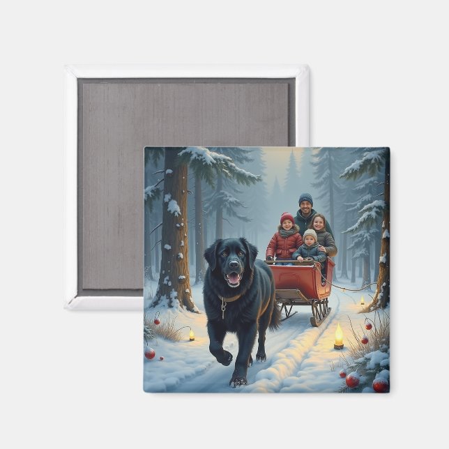 Aimant Newfoundland Dog Snowy Sleigh Ride Christmas (Recto/Verso)