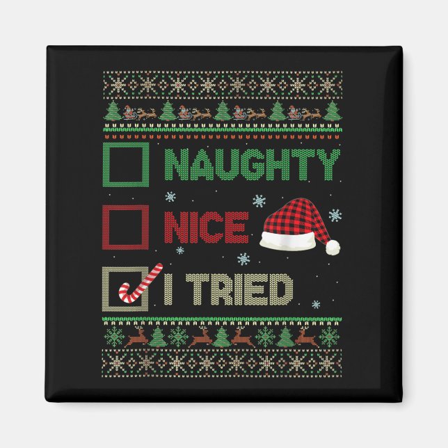 Aimant Nice Naughty I Tried Ugly Sweater Red Plaid Christ (Devant)