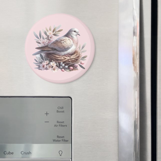 Aimant Nid de colombe rose avec fleurs et branches d'oliv (In situ (réfrigérateur))