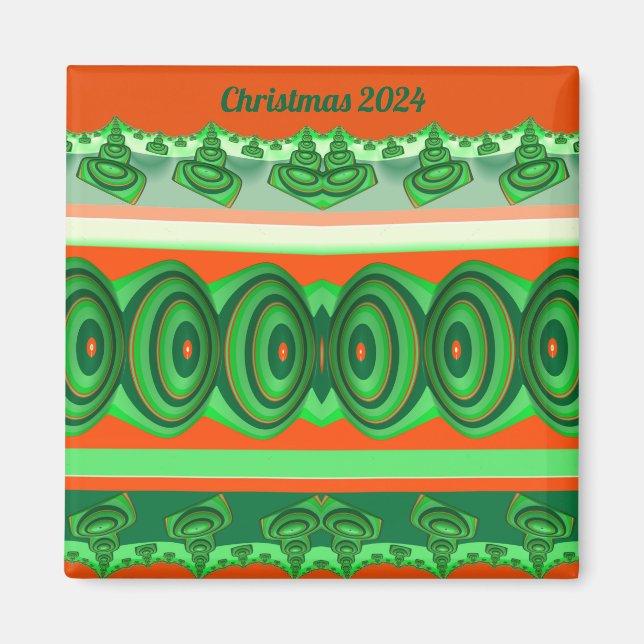 Aimant NOËL 2023 ~ 3D Fractal rouge vert blanc ~ (Devant)