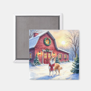 Aimant Noël à la ferme de campagne avec un Border Collie