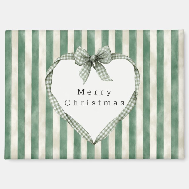 Aimant Noël à ruban en forme de cœur rayé vert et crème (Recto)