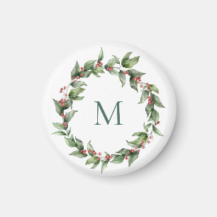 Aimant Noël au monogramme de baie rouge de houx 
