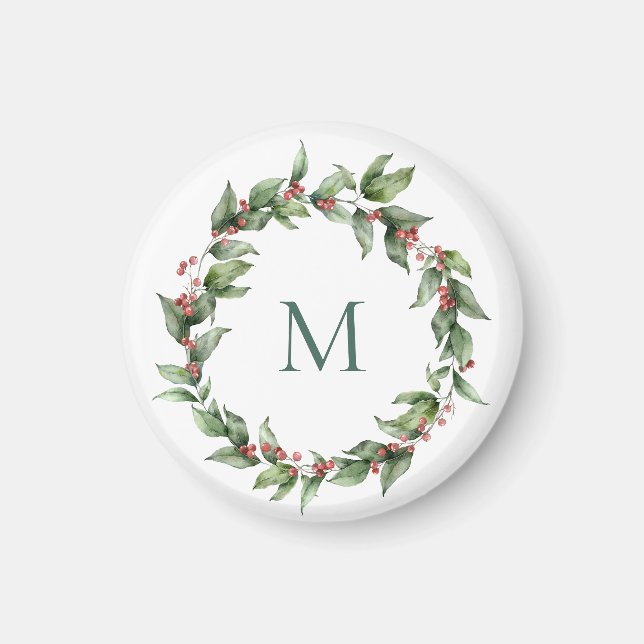 Aimant Noël au monogramme de baie rouge de houx  (Devant)