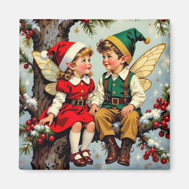 Aimant Noël aux enfants fées elfiques vintage  (Devant)