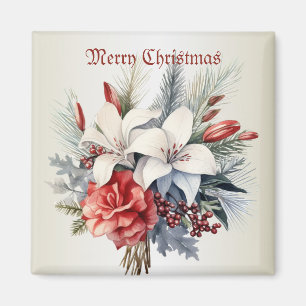 Aimant Noël Blanc Fleurs Rouges Vacances Élégant