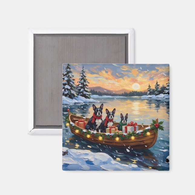 Aimant Noël Boston Terrier Bateau Fêtes (Recto/Verso)