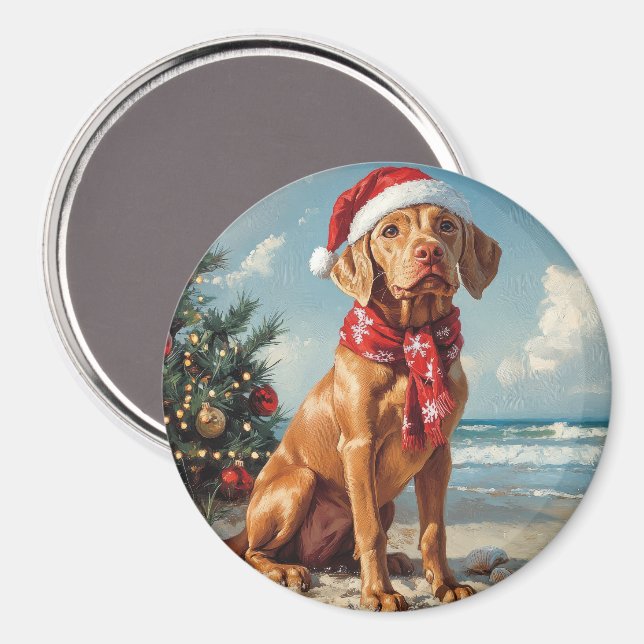 Aimant Noël Chien Vizsla Vintage Plage (Recto/Verso)