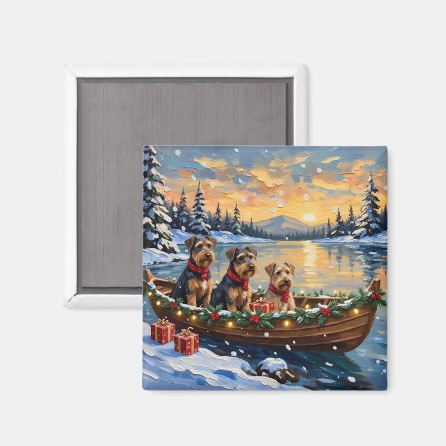 Aimant Noël en bateau avec Airedale Terrier (Recto/Verso)