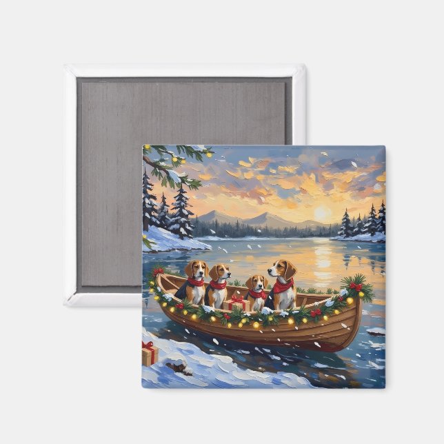 Aimant Noël en bateau avec Beagle (Recto/Verso)
