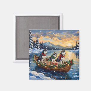 Aimant Noël en bateau avec Husky sibérien
