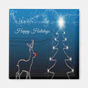 Aimant Noël Fête Renne Arbre Ciel Bleu Étoiles Brillantes