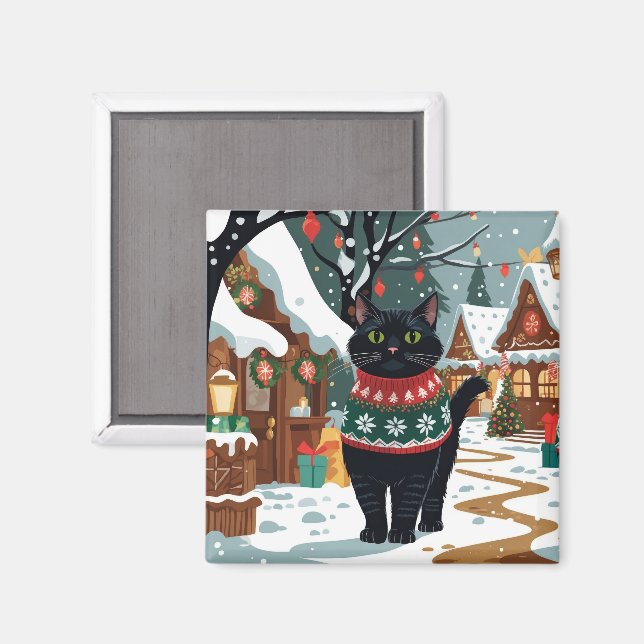 Aimant Noël neigeux au chat noir (Recto/Verso)