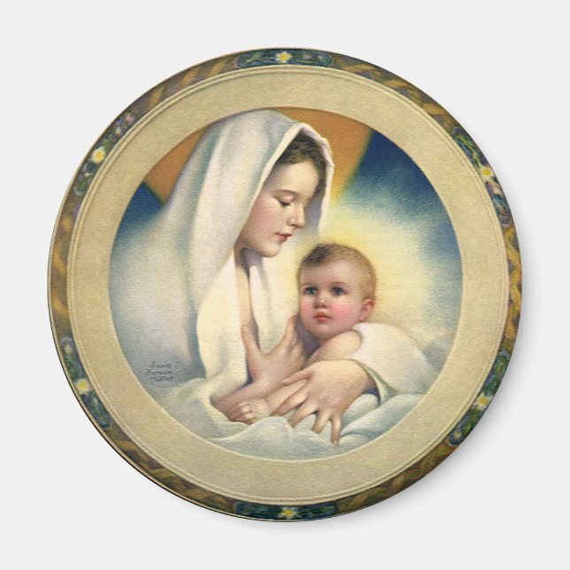 Aimant Noël religieux vintage, Madone et Enfant (Devant)