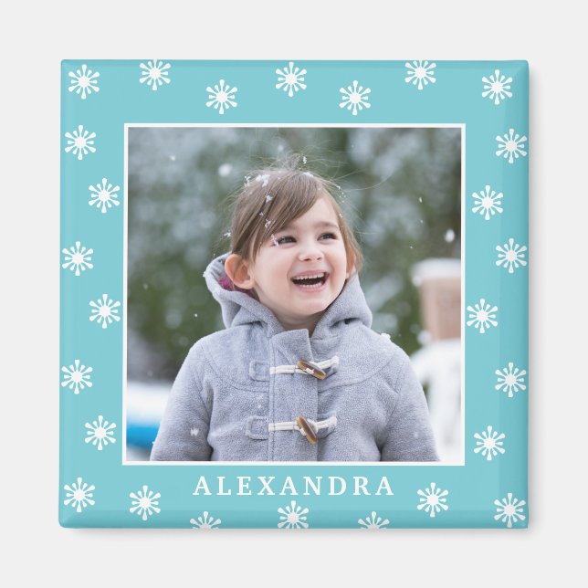 Aimant Noël Snowflakes Nom photo Blue (Devant)
