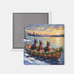 Aimant Noël sur un bateau avec Doberman Pinscher