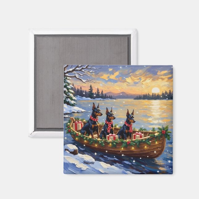 Aimant Noël sur un bateau avec Doberman Pinscher (Recto/Verso)