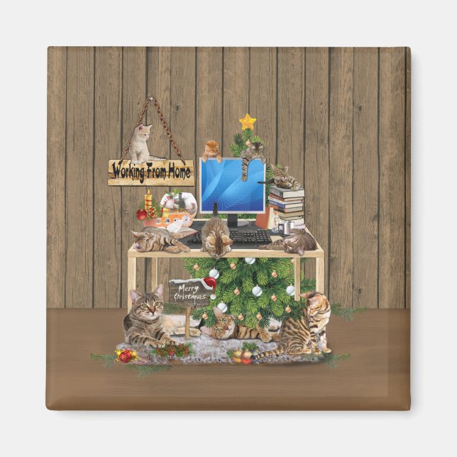 Aimant Noël - Travailler à la maison avec mes chats (Devant)
