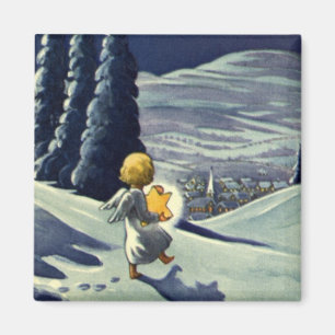 Aimant Noël vintage, ange de neige marchant avec une étoi